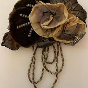Vintage French Brooch, Silken Roses, Taupe, Moss Green, Bead Swag