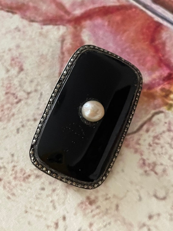Vintage French Mourning Brooch, Pearl, Jet, Marca… - image 2
