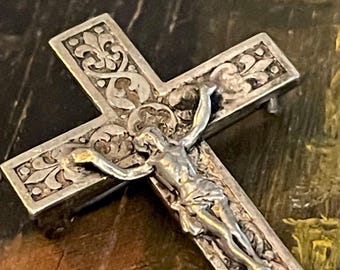 Antique French Crucifix Brooch, Silver