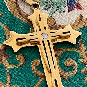 Vintage French Cross, Gold Plated, Crystal, Modern, Large