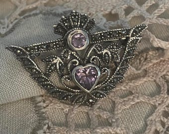 Vintage French Marcasite Brooch, Amethyst Crystals