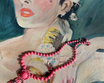 Vintage French Necklace, Art Deco Coral Glass