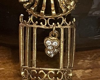 Vintage French Brooch, Bird Cage, Crystal Hearts