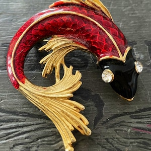 broche française vintage, poisson en émail et cristal