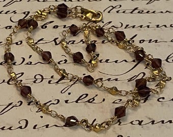 Vintage French Necklace, Amethyst Glass and Gold Chain