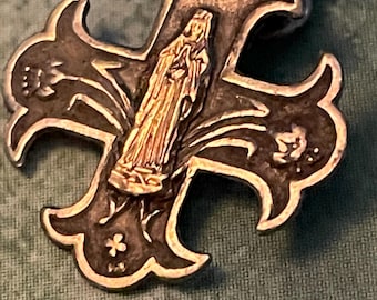 Vintage Lourdes Cross Necklace, Sterling and Gold