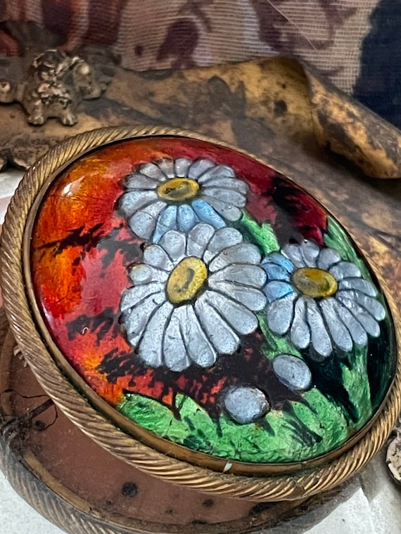 Antique French Brooch, Enamel and Glass Flowers, P