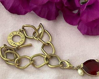 Vintage Monet Cham Bracelet, Ruby Crystal, Pearl, Link Chain