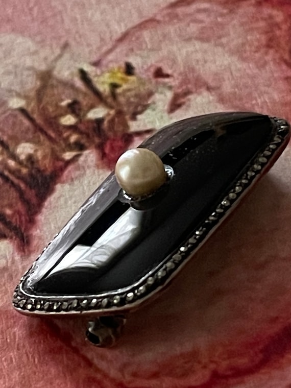 Vintage French Mourning Brooch, Pearl, Jet, Marca… - image 4