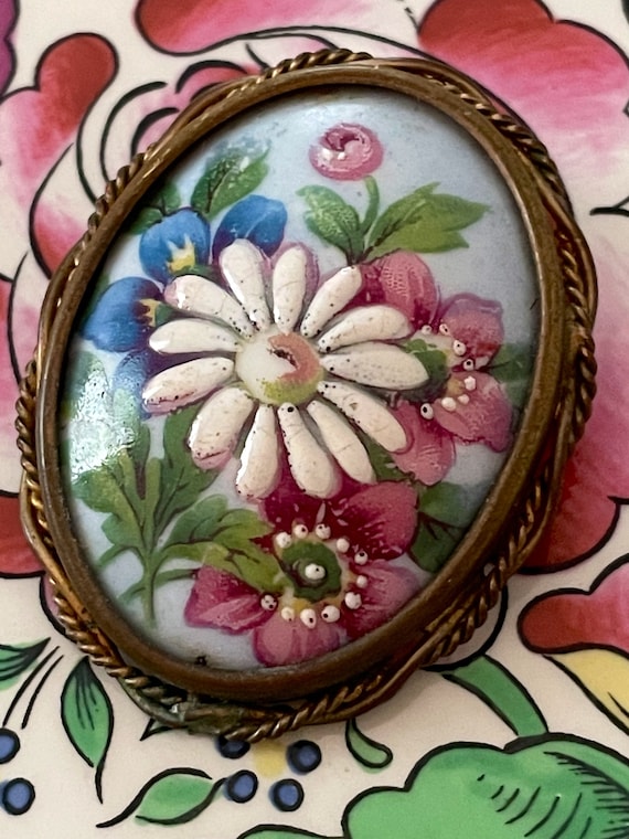 Vintage French Brooch, Limoges, Hand Painted Flow… - image 1