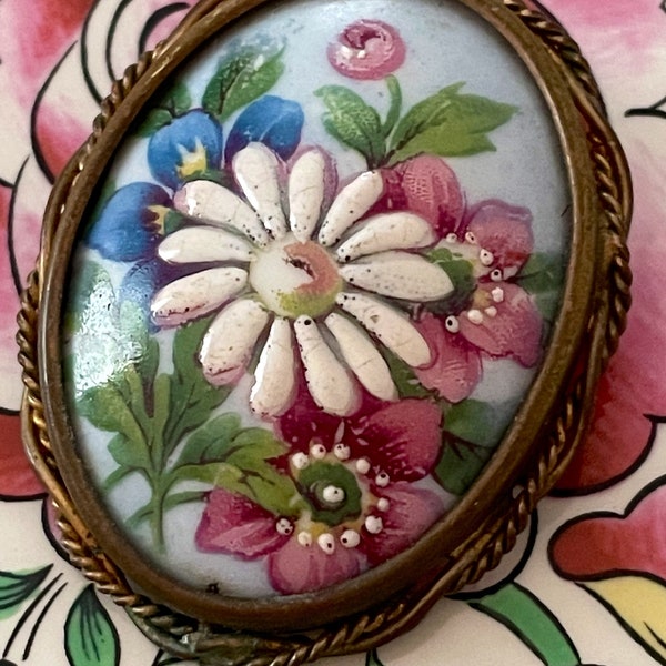 Vintage French Brooch, Limoges, Hand Painted Flowers, Enameled