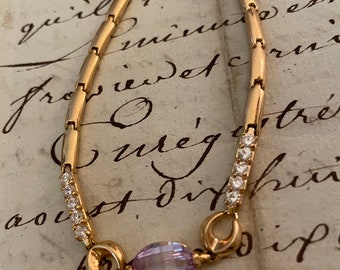Vintage French Bracelet, Lavender Crystal, Gold Plate