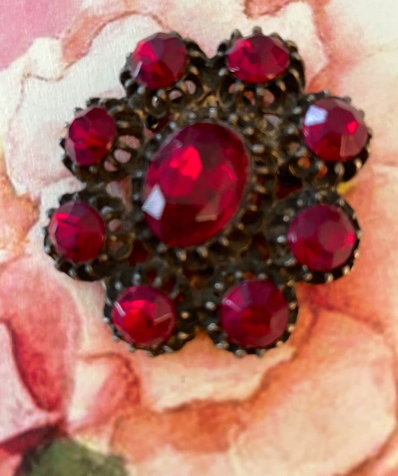 Vintage French Brooch, Ruby Glass - image 1