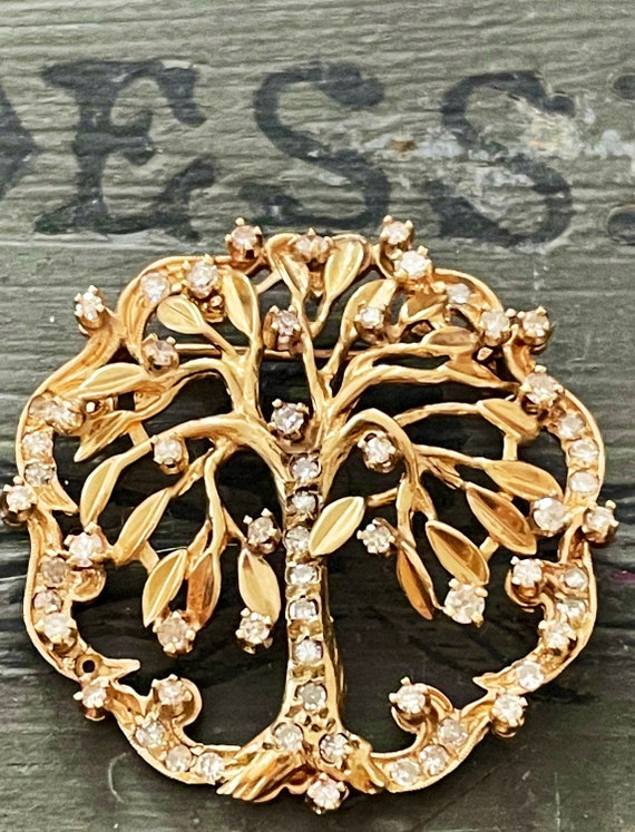 Vintage French Brooch, Tree of Life, 14k Gold and… - image 4