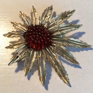 Vintage Sarah Coventry Brooch, Large Sunflower, Gold Plated, Articulated Amber Glass