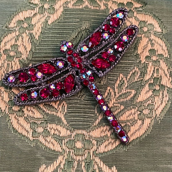 Vintage French Brooch, Libellule, Red Crystal Dragonfly