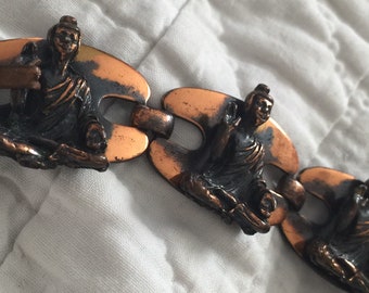 Vintage Link Bracelet, 6 Buddhas, Copper, Cast