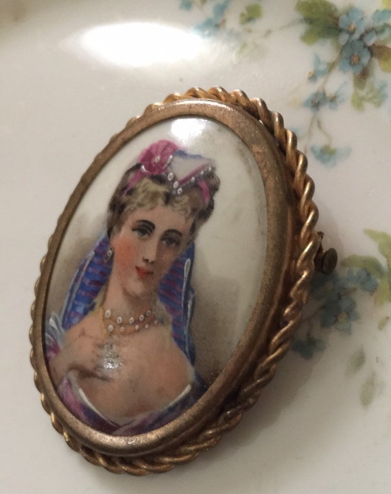 Antique French Brooch, Limoges Hand Painted Portr… - image 4