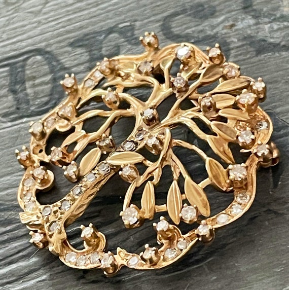 Vintage French Brooch, Tree of Life, 14k Gold and… - image 3