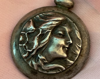 Art Nouveau Pendant, France, Sterling Silver, Woman’s Head