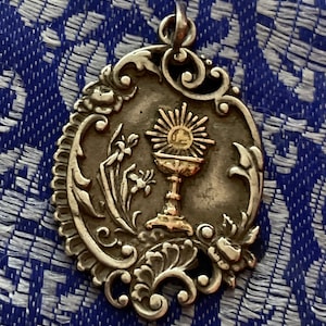 Antique French Communion Catholic Medal, Sterling Silver, 18k Gold