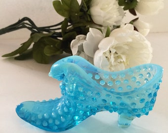 Vintage Fenton Glass Shoe, Hobnail Cat Head Turquoise