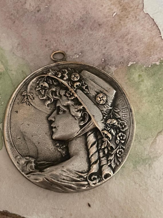 Antique Armand Bargas French Pendant, Art Nouveau, Engraving