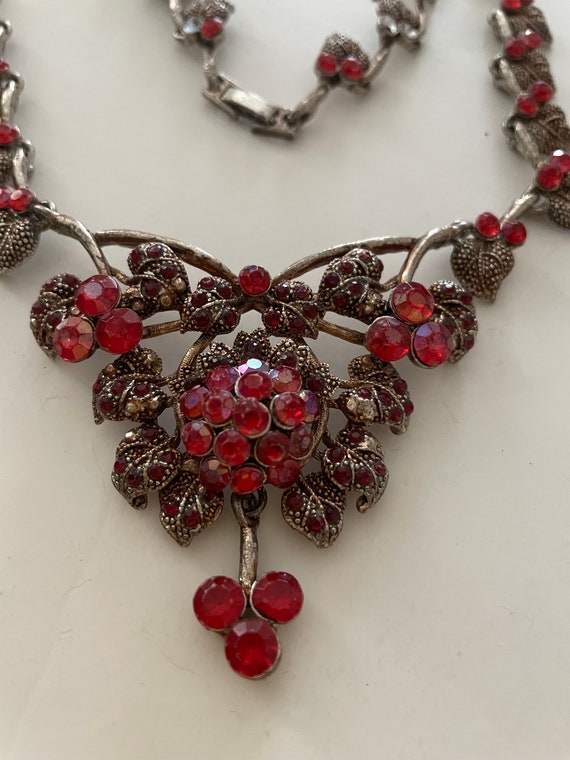 Vintage French Statement Choker, Red Crystal Leav… - image 1