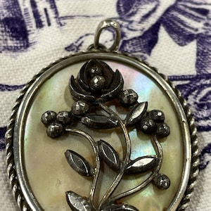 Antique French Pendant, Sterling Silver, Mother of Pearl and Marcasite Flowers