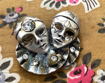 Vintage French Brooch, Pierrot Sweethearts, Crystals