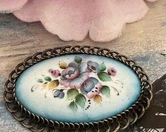 Antique French Brooch, Porcelain with Flowers