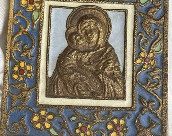 Vintage French Icon, Bronze, Blessed Mother and Child, Enamel