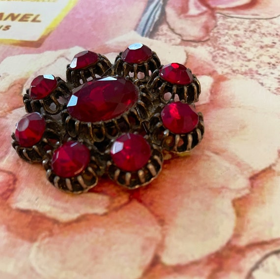 Vintage French Brooch, Ruby Glass - image 2