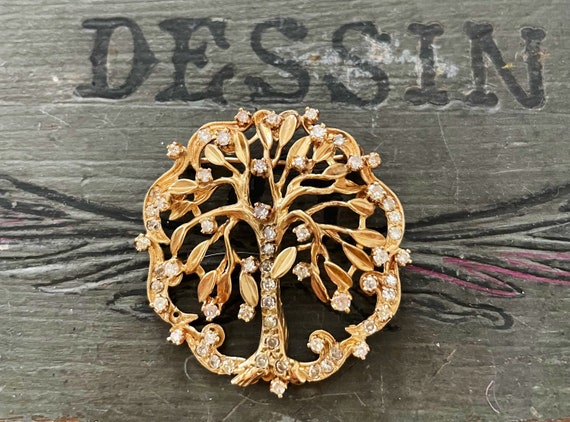 Vintage French Brooch, Tree of Life, 14k Gold and… - image 2