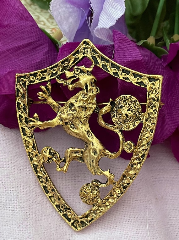 Vintage French Brooch, Rampant Lion, Gold Plated