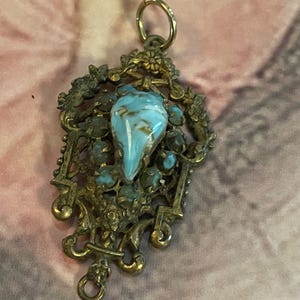 Antique French Pendant, Turquoise Gripoix and Ormolu