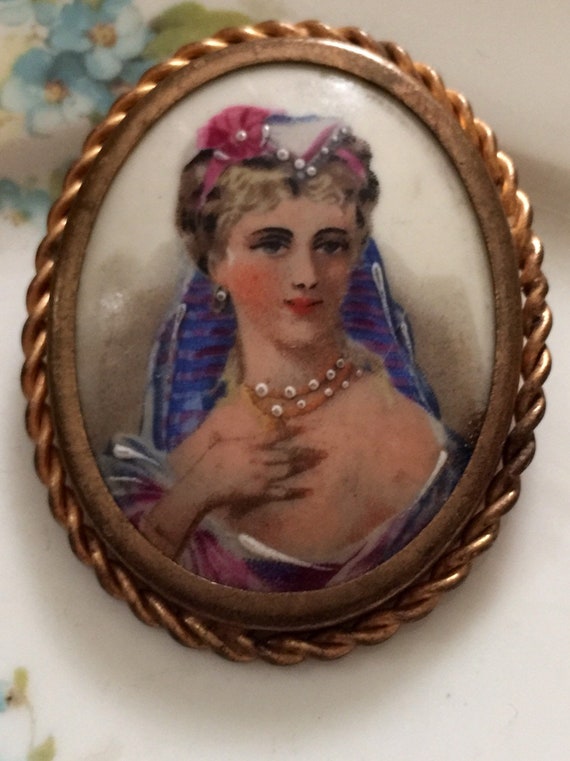 Antique French Brooch, Limoges Hand Painted Portr… - image 2