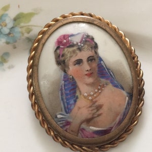 Antique French Brooch, Limoges Hand Painted Portrait, from Paris
