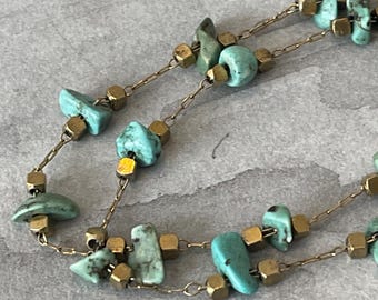 Vintage French Chain Necklace, Turquoise and Gold Beads