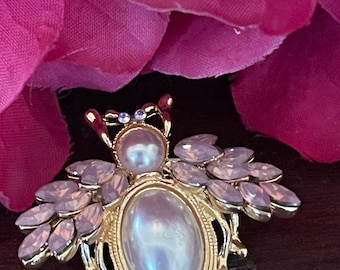 Vintage French Brooch, Crystal and Pearl Bee