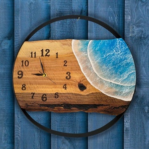 Handmade Olive Wood & Resin Ocean Wall Clock - Personalized Home Decor