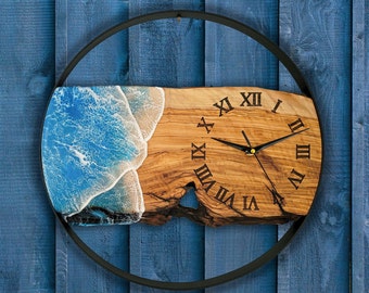 Custom Made Metal&Olive Wood Wall Clock,Resin Ocean Art Wall Clock,Unique Home Decor, Personalized gift for him,her
