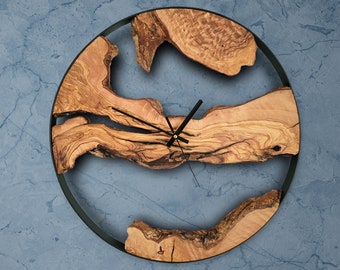 Olive Wood Wall Clock: Rustic Metal Frame, Unique Home Decor