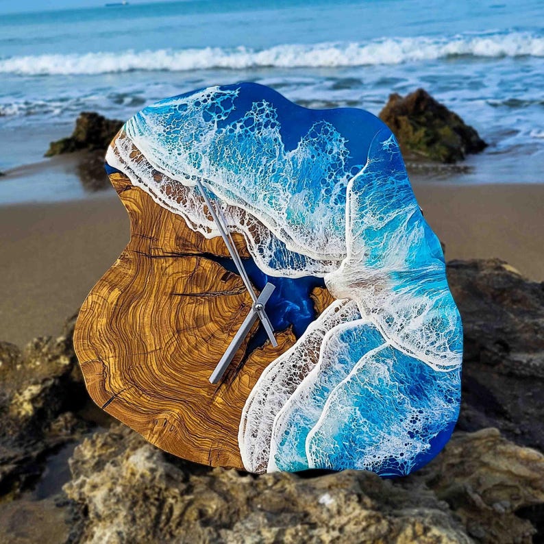 Custom Olive Wood Resin Ocean Wall Clock, Epoxy Beach Decor, Coastal Housewarming Gift image 1