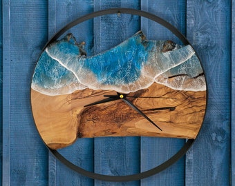 Metal&Olive Wood Wall Clock, Resin Ocean Art,Rustic and Modern Home Decor,Unique Personalized gift for him,her