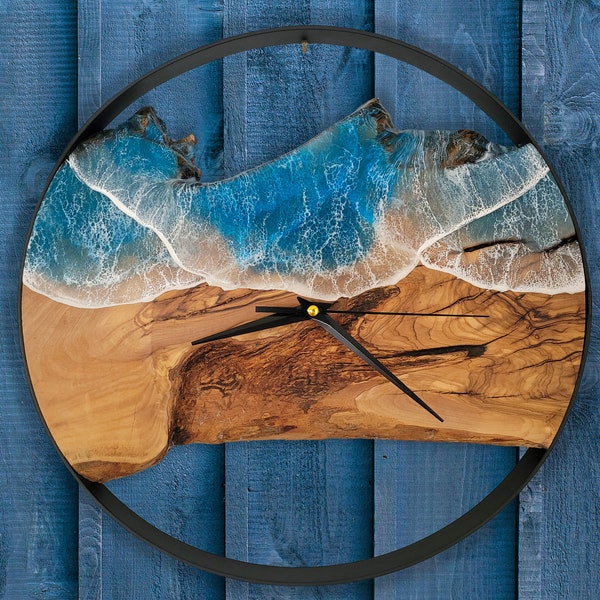 Metal&Olive Wood Wall Clock, Resin Ocean Art,Rustic and Modern Home Decor,Unique Personalized gift for him,her