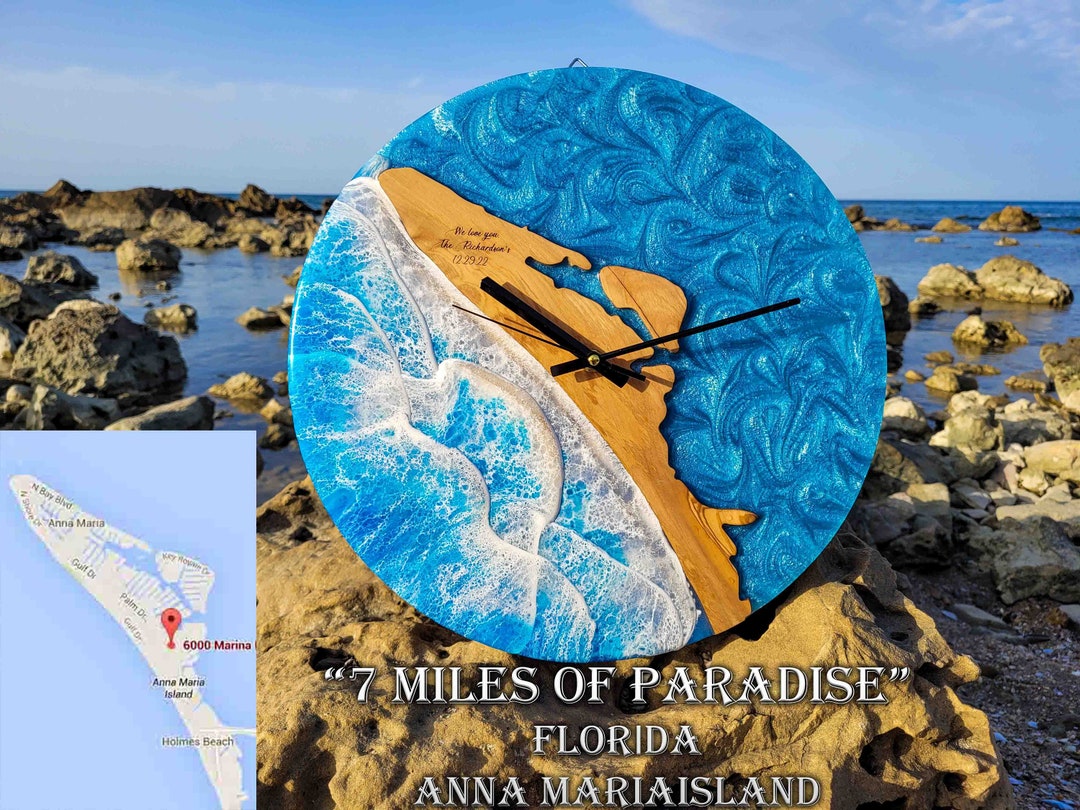 Florida Anna Maria Island Map Olive Wood Art&resin Ocean Waves Wall