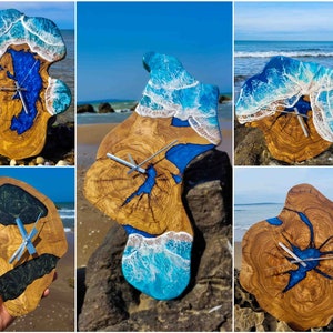 Custom Resin and Olive Wood Wall Clock, Epoxy Resin Ocean Art, Beach Decor, Personalized Gift for Him, Personalized Gift for Her, Rustic Wall Decor, Nautical Wall Clock, Coastal Home Decor