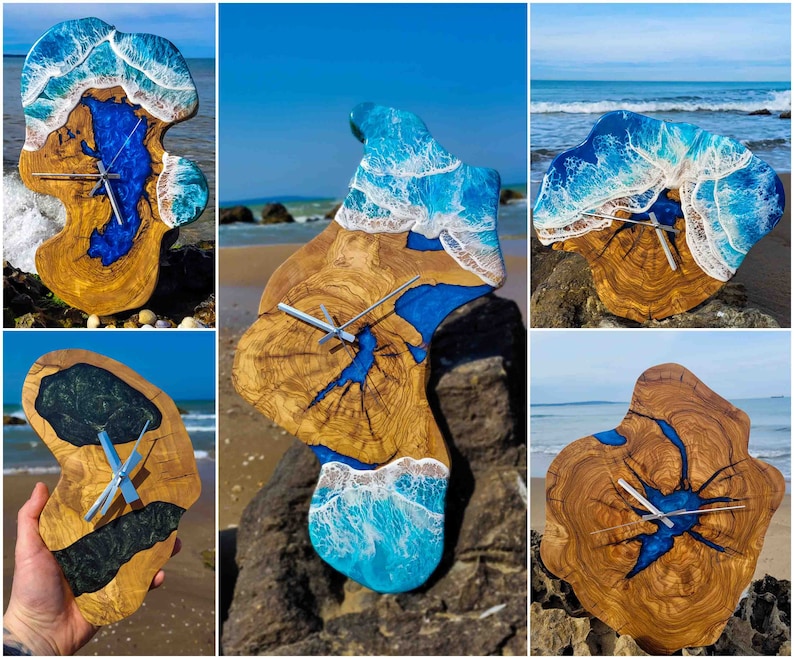 Custom Resin and Olive Wood Wall Clock, Epoxy Resin Ocean Art, Beach Decor, Personalized Gift for Him, Personalized Gift for Her, Rustic Wall Decor, Nautical Wall Clock, Coastal Home Decor