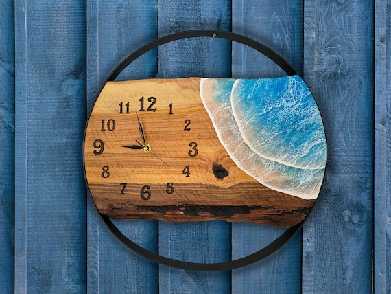 Handmade Olive Wood & Resin Ocean Wall Clock - Personalized Home Decor